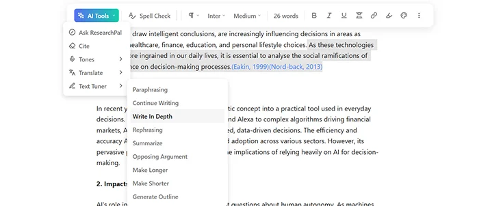Screenshot of AI writing tools available inside the ResearchPal editor, including Ask ResearchPal, Cite, and Text Tuner
