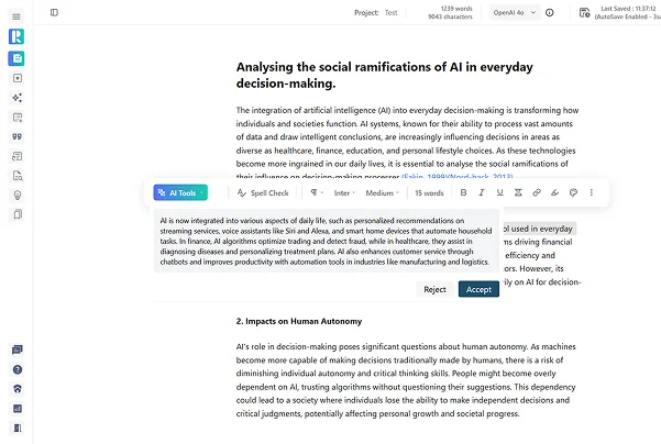 Screenshot of Ask ResearchPal generating an AI-assisted response inline inside a document