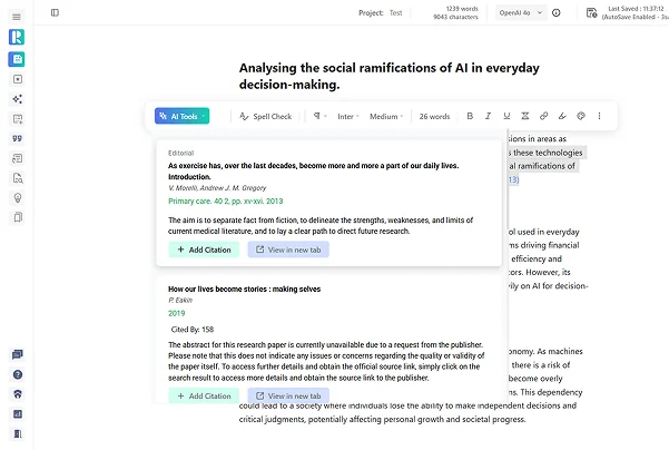 Screenshot of the Cite feature generating authenticated citation suggestions from highlighted text