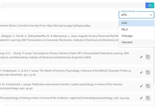 Screenshot of switching citation formats between APA, MLA, Chicago, and Harvard