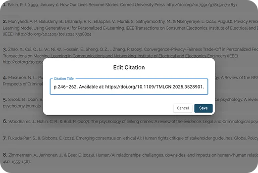 Screenshot of editing and managing citations in the Citations section