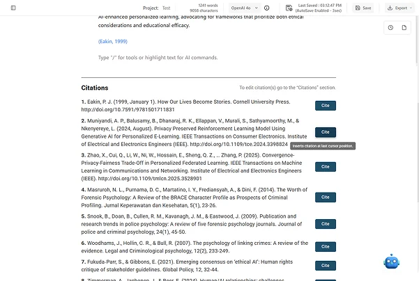 Screenshot of inserting a saved citation into a document while writing