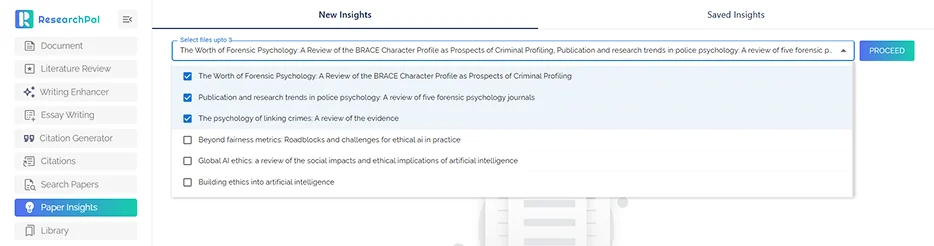 Screenshot of ResearchPal's Paper Insights interface showing selected research papers