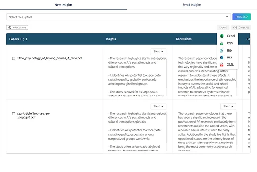 Screenshot of exporting research insights in Excel, CSV, Bib, RIS, and XML formats