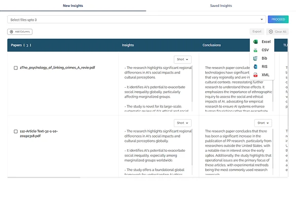 Screenshot comparing multiple research papers side by side in ResearchPal's structured insights view