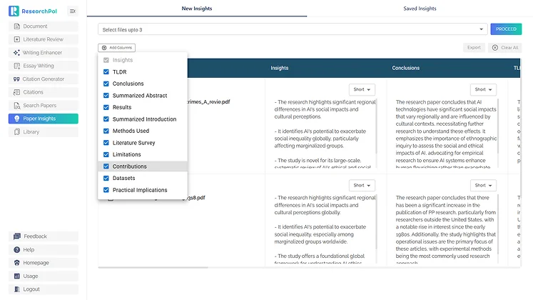 Screenshot of ResearchPal generating multiple research insight types including summaries, methods, and limitations