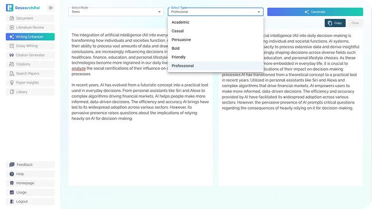 Screenshot of tone options including Academic, Casual, Persuasive, and Professional